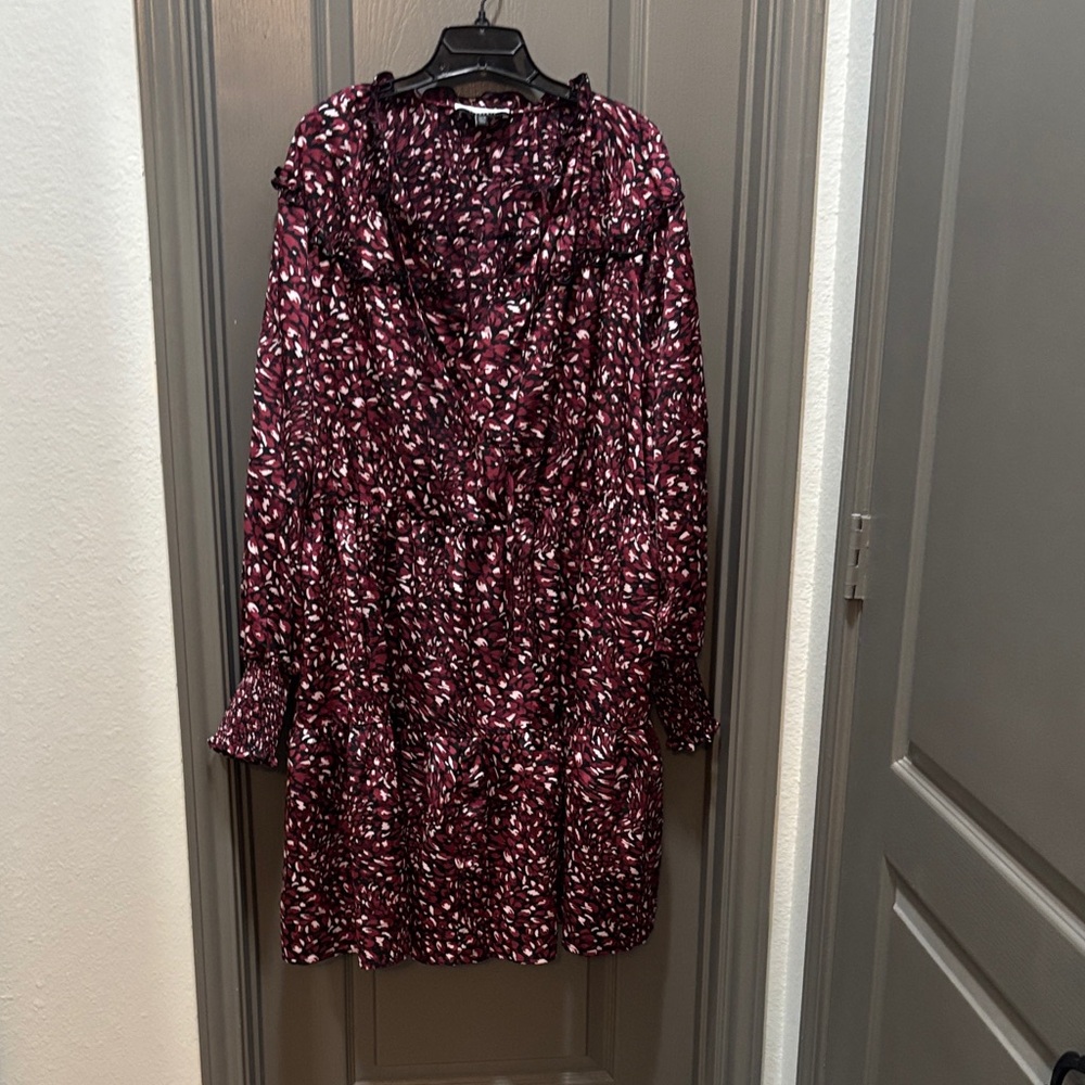 Eloquii Burgundy and White Long Sleeve Dress
